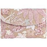 Floral Clutch Purses for Women Summer Embroidery Purses Sequin Unique Beaded Evening Bag Wedding Beach Colorful (Pink)