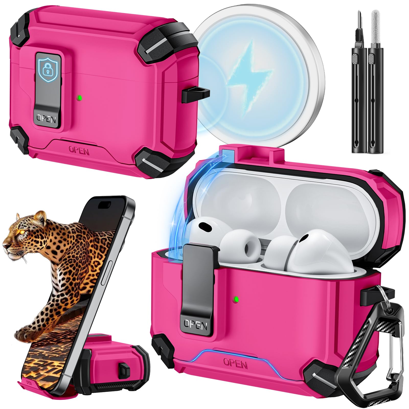 Photo 1 of Inesore for AirPods Pro 3 Case (2025) with Phone Stand & Cleaning Kit,Compatible with Magsafe,Magnetic Automatic Lock Cover for AirPods Pro 3rd Generation, Rose red