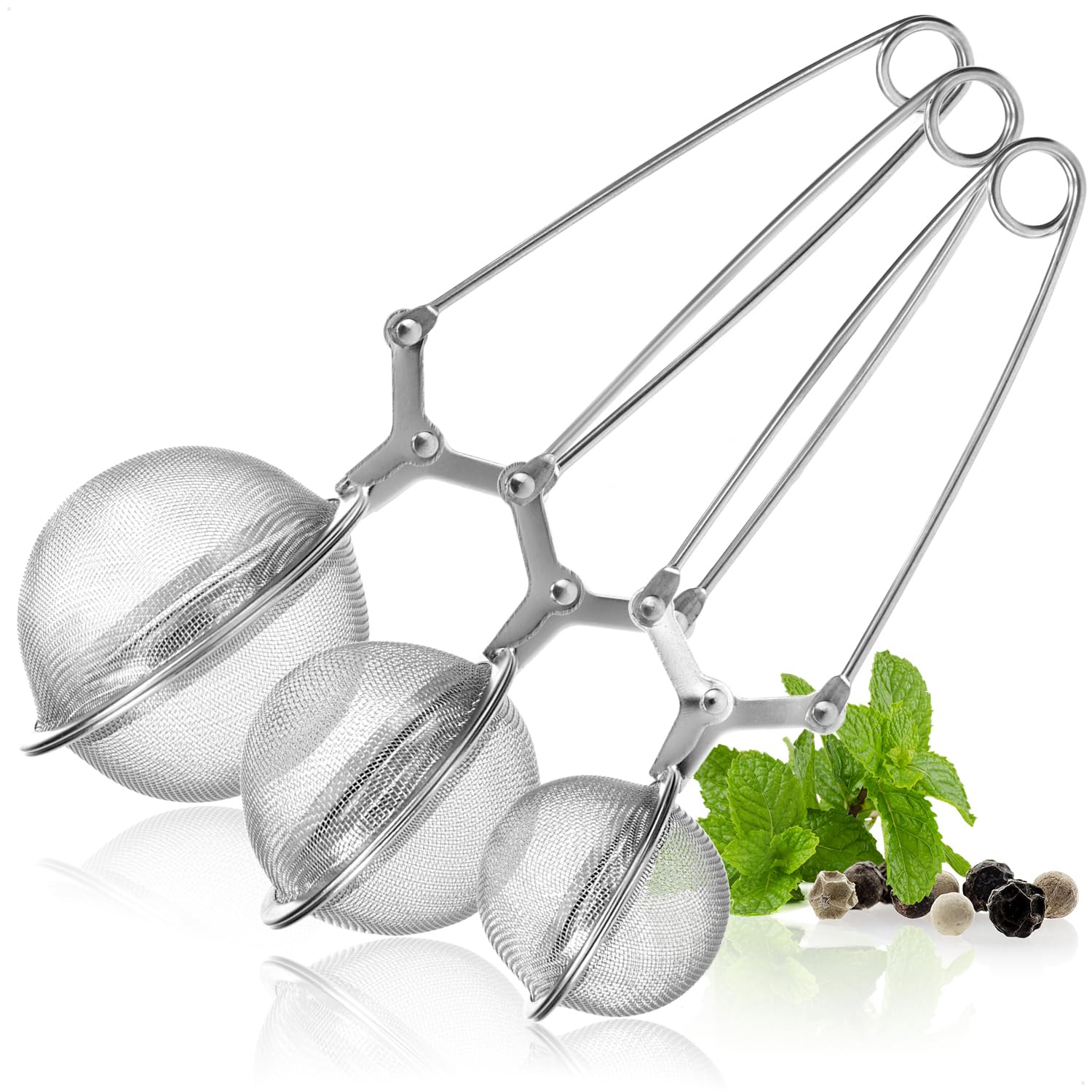 COM-FOUR® 3X Tea Tongs, Ball-Shaped Tea Infuser Made of 304 Stainless Steel, Tea strainers for Loose Tea, Strainer Tongs in 3 Sizes for Tea Lovers (03 Pieces - Mix)