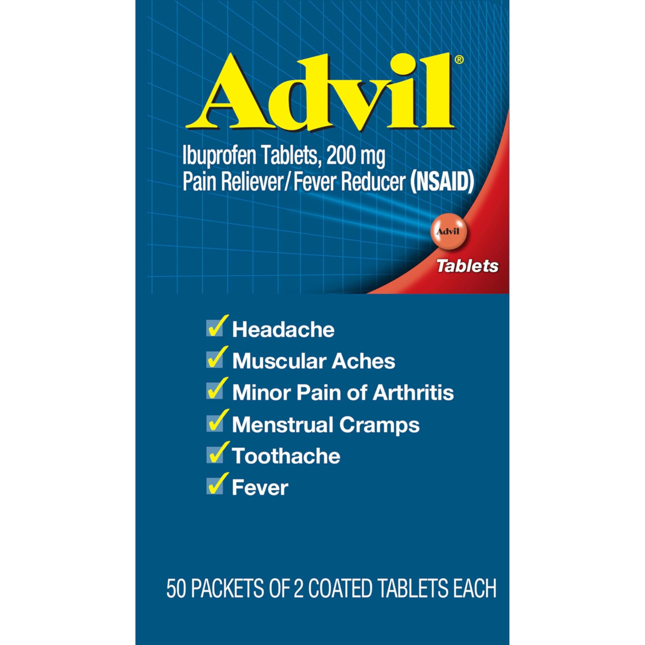 Advil Pain Reliever and Fever Reducer, Pain Relief Medicine with Ibuprofen 200mg for Headache, Backache, Menstrual Pain and Joint Pain Relief - 50x2 Coated Tablets