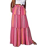 Happy Sailed Womens Floral Print Boho Maxi Skirt Elastic High Waist Pleated Ruffle Flowy Long Skirts S-XL