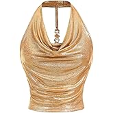 Milumia Women Metallic Halter Y2k Crop Tops Ruched Backless Cowl Neck Party Club Rave Sleeveless Shirts