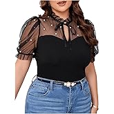 MakeMeChic Women's Plus Size Mesh Patchwork Pearls Tie Neck Top Puff Sleeve Frill Trim T Shirt Tops