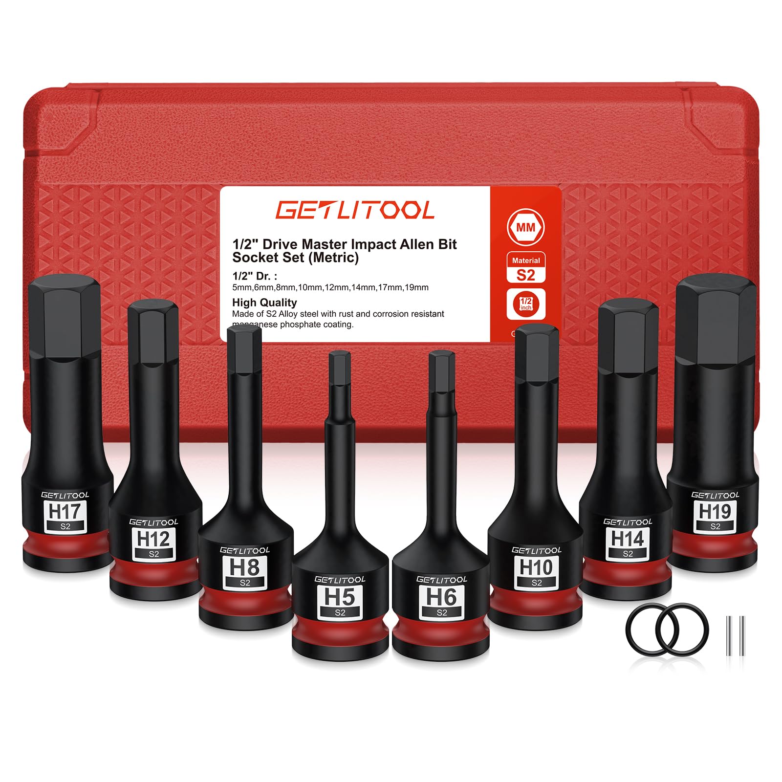 GETLITOOL 1/2" Kraft Innensechskant Schlagschrauber Nüsse Satz, 8tlg S2-Stahl Sechskant Bit Stecknuss Set HX 5mm - 19mm, Länge 78 mm Innensechskant Steckschlüssel Set für Innensechskantschrauben