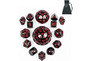 Poludie 15 Pieces Complete Polyhedral DND Dice Set D3-D100 Spherical D&D Dice Set with Dragon Eye Dice Bag, D100 Dice for Dungeons and Dragons, RPG, MTG Table Games(Black w/Red Numbers)