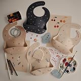 Mushie Baby Silicone Bib Adjustable Fit Waterproof Deep Pocket Cherry view 7