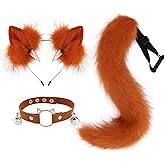 hbbhml Furry Animal Cat Fox Tail Faux Fur Wolf Ear Headband Leather Neck Chocker Costume Set for Party Halloween Cosplay