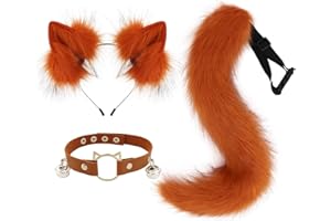 hbbhml Furry Animal Cat Fox Tail Faux Fur Wolf Ear Headband Leather Neck Chocker Costume Set for Party Halloween Cosplay
