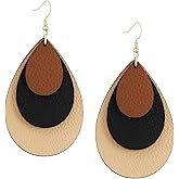 MINACHI Boho Chic Faux Leather Triple Layer Teardrop Waterdrop Dangle Drop Earrings, Vintage Bohemian Hippie Statement Jewelry Gift for Women