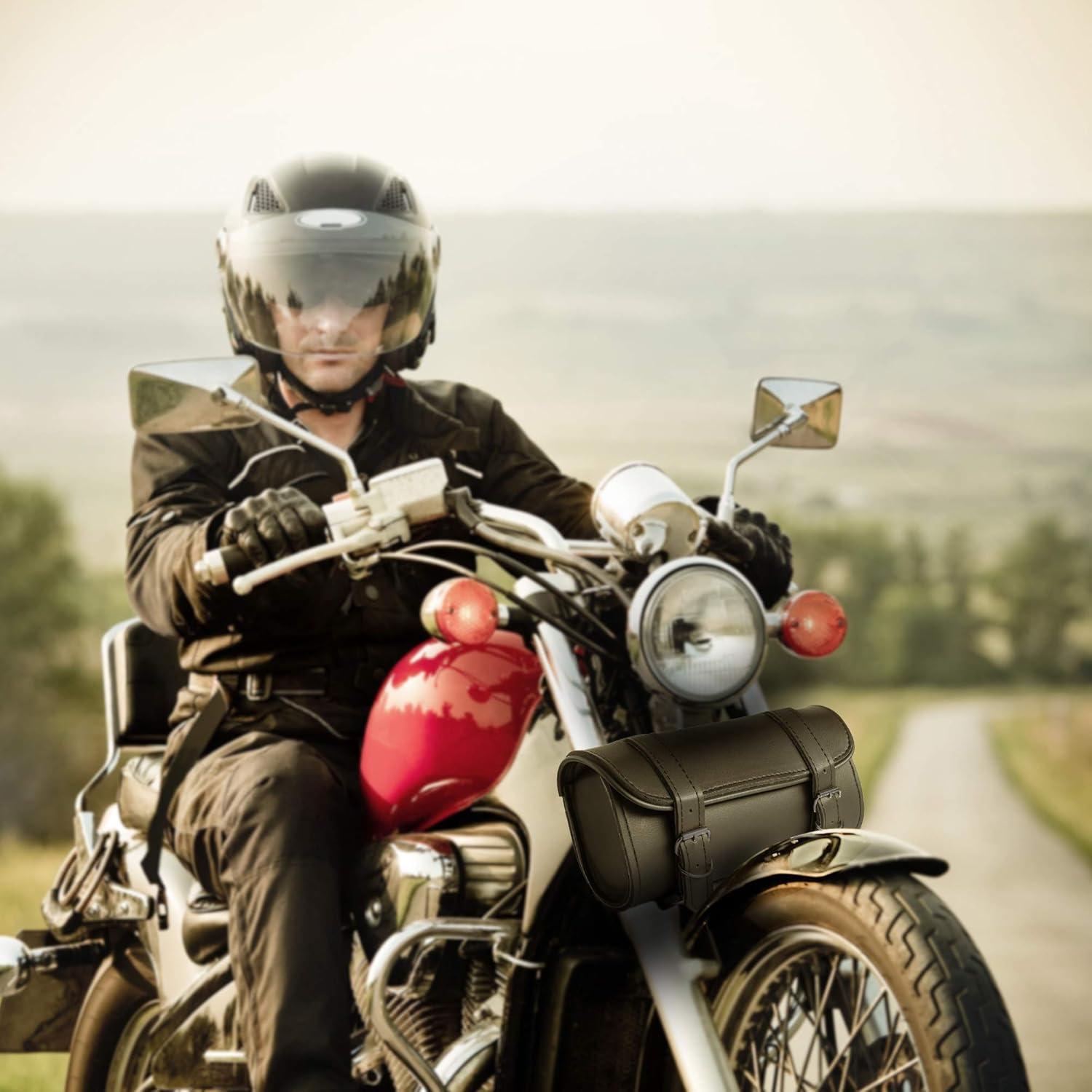 The Nekid Cow | Motorcycle Handlebar Bag Premium Synthetic Black PVC Leather Easy to Install No Rust 2 Strap Closer Storage Tool Bag Pouch for Saddle Bag Sissy Bars, Forks or Windshield (Plain): Automotive