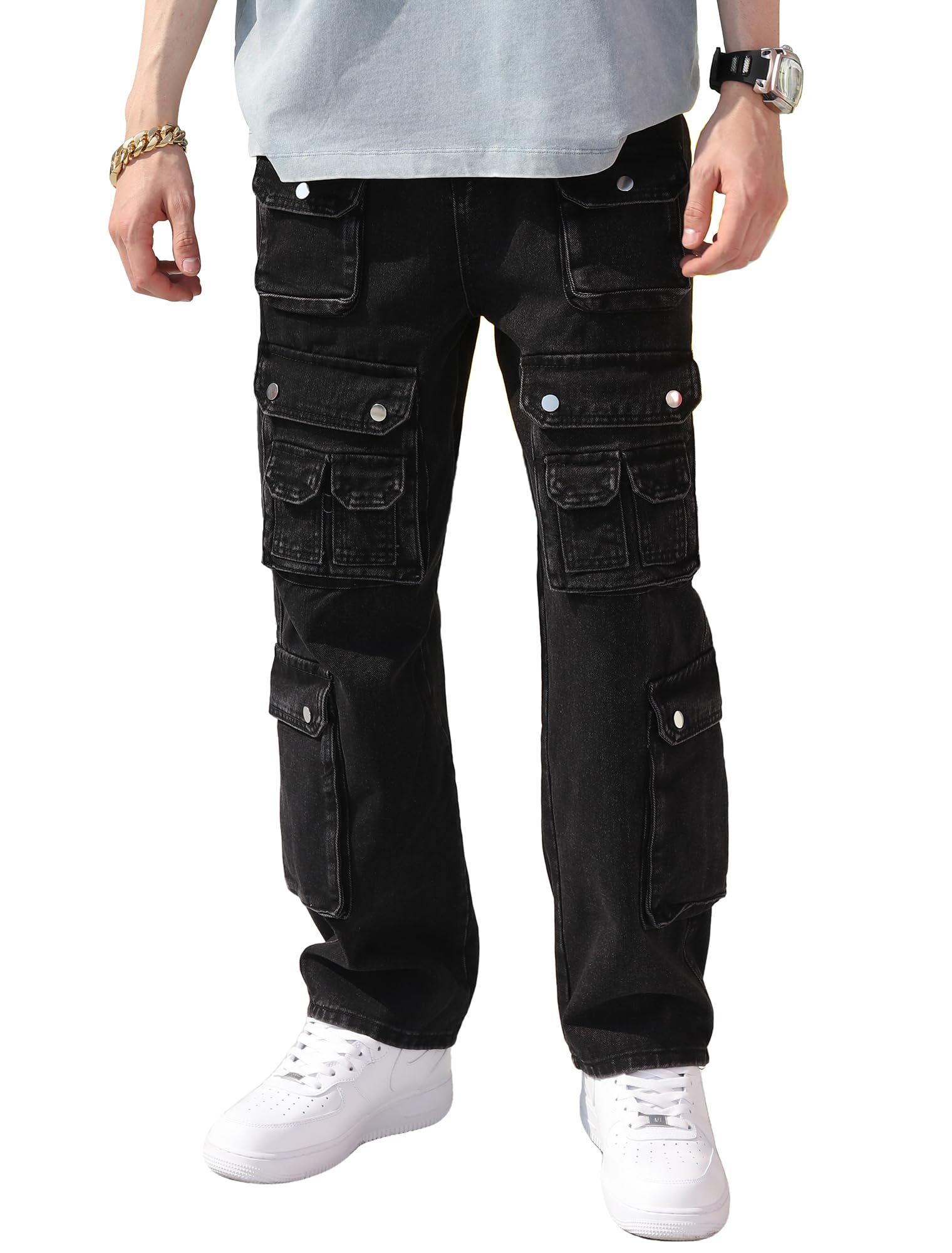 Photo 1 of LOGEQI Mens Baggy Cargo Jeans Wide Leg Hip Hop Jeans Streetwear Loose Fit Denim Pants