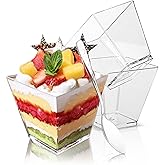 Hiasobre 50 Pack 3.5 oz Plastic Dessert Cups with Spoons, Mini Square Parfait Appetizer Cups, Reusable Small Shooter Cup, Clear Serving Bowls for Tasting Party Samples Dessert Shot Glasses
