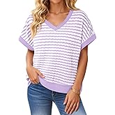 Tankaneo Womens V Neck Short Sleeve T-Shirts Oversized Knit Striped Tops 2026 Trendy Casual Loose Tees