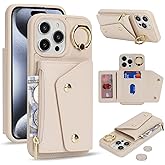 Lipvina for iPhone 14 Plus Case Wallet with Card Holder - Zipper Pocket,Credit Card Slots,RFID Blocking,Stand Ring,PU Leather Double Snap Cover for Women and Men(Beige,6.7 Inch)