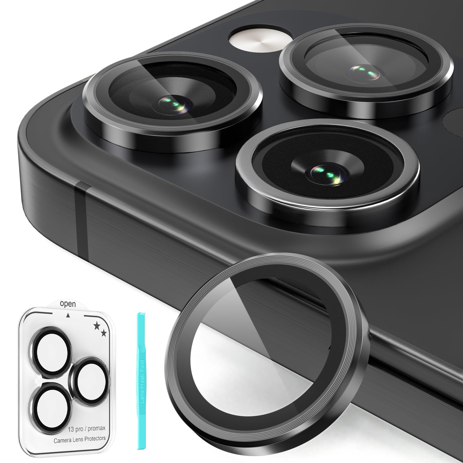 imluckies Camera Lens Protector Compatible with iPhone 13 Pro Max, Premium Tempered Glass Circle Film, Aluminum Alloy Full Fit Lens Ring Cover, [Anti-Scratch] Graphite (3 Pack)