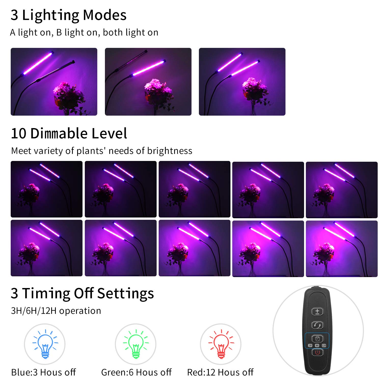 Esonstyle 2018 Upgraded 19W Plant Grow Light Lamps with Auto Turn On/Off Function Dual Head 38 LED 10 Dimmable Levels Grow Lamp Bulbs, 3/9/12H Timer, Spectrum Switching Adjustable (Auto Turn on/Off)