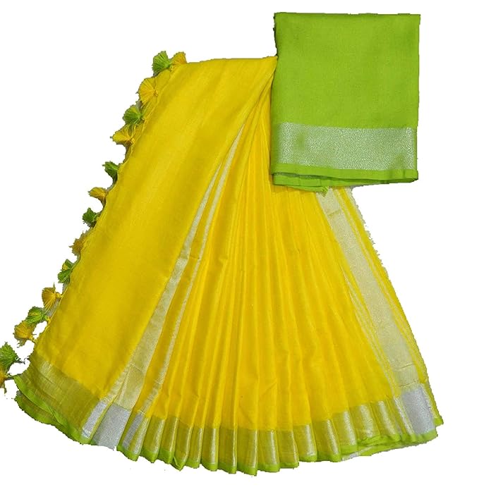 Women's Linen Slub Parrot Green Piping Saree and Blouse (Mustard Yellow)