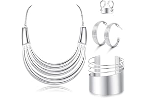 JOERICA Bib Choker Necklace Silver Gold Jewelry Set Wide Cuff Bangle Bracelet Open Hoop Earrings Adjustable Ring Chunky Silver Gold Statement Costume Jewelry Set for Women