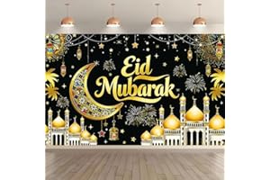 Astrymtic Eid Mubarak Banner Backdrop Decoration, 180x110cm Ramadan Kareem Banner Background, Colored Gold Black Moon Star La