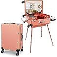 FAHKNS 24'' Aluminum Trolley Makeup Train Case with LED Light Professional Cosmetic Make up Cosmetic Organizer Studio