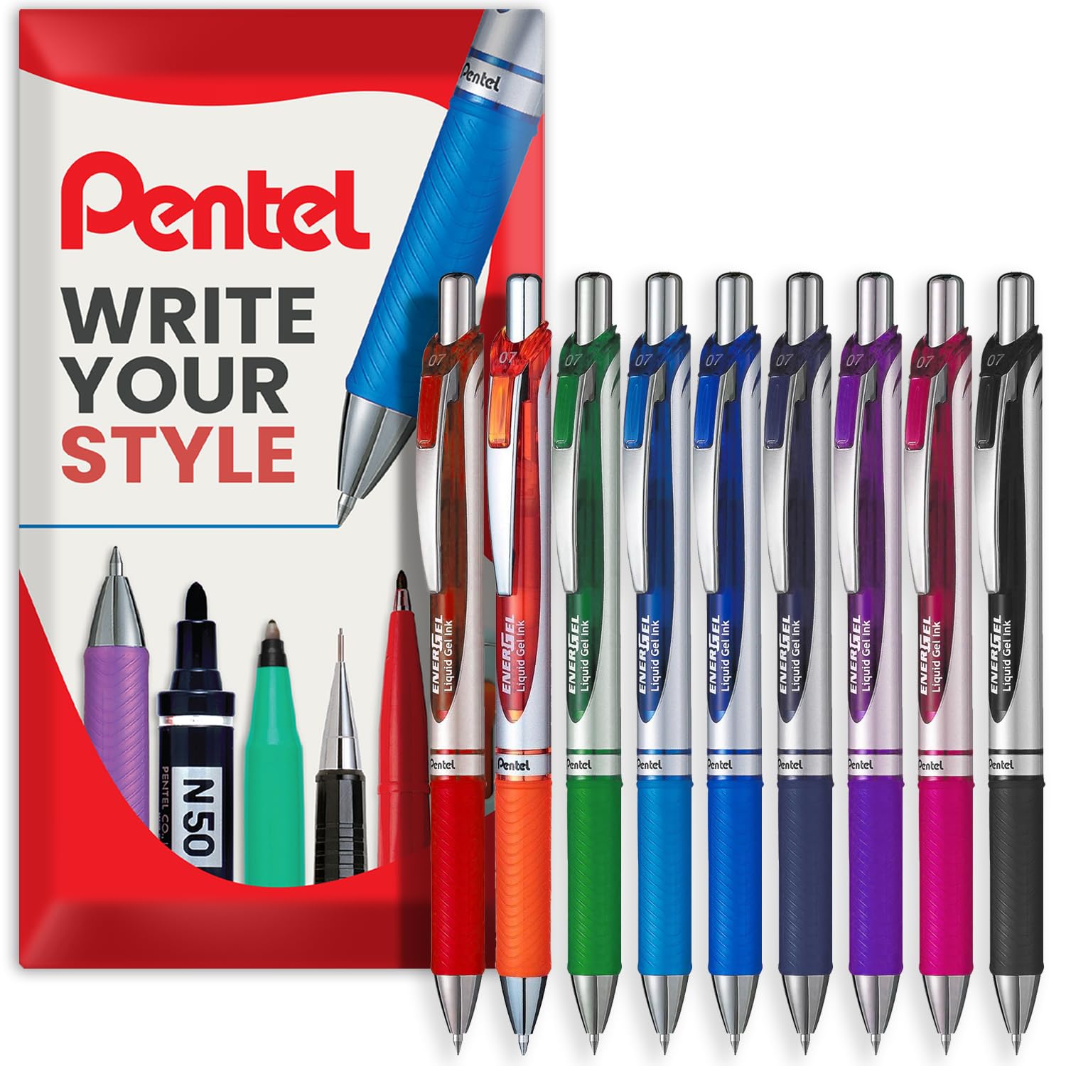 Pentel EnerGel XM BL77 - Retractable Liquid Gel Ink Pen - 0.7mm - 54% Recycled - Starter Set - Pack of 9 - In Envelope Gift Packaging