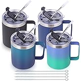Volhoply 12oz Insulated Leakproof Coffee Mug with Sliding & Straw Lid Bulk 4 Pack,Double Wall Vacuum Stainless Steel Travel Tumbler Cup with Handle,Camping Mugs Keep Cold/Hot(Assort color,4 Set)