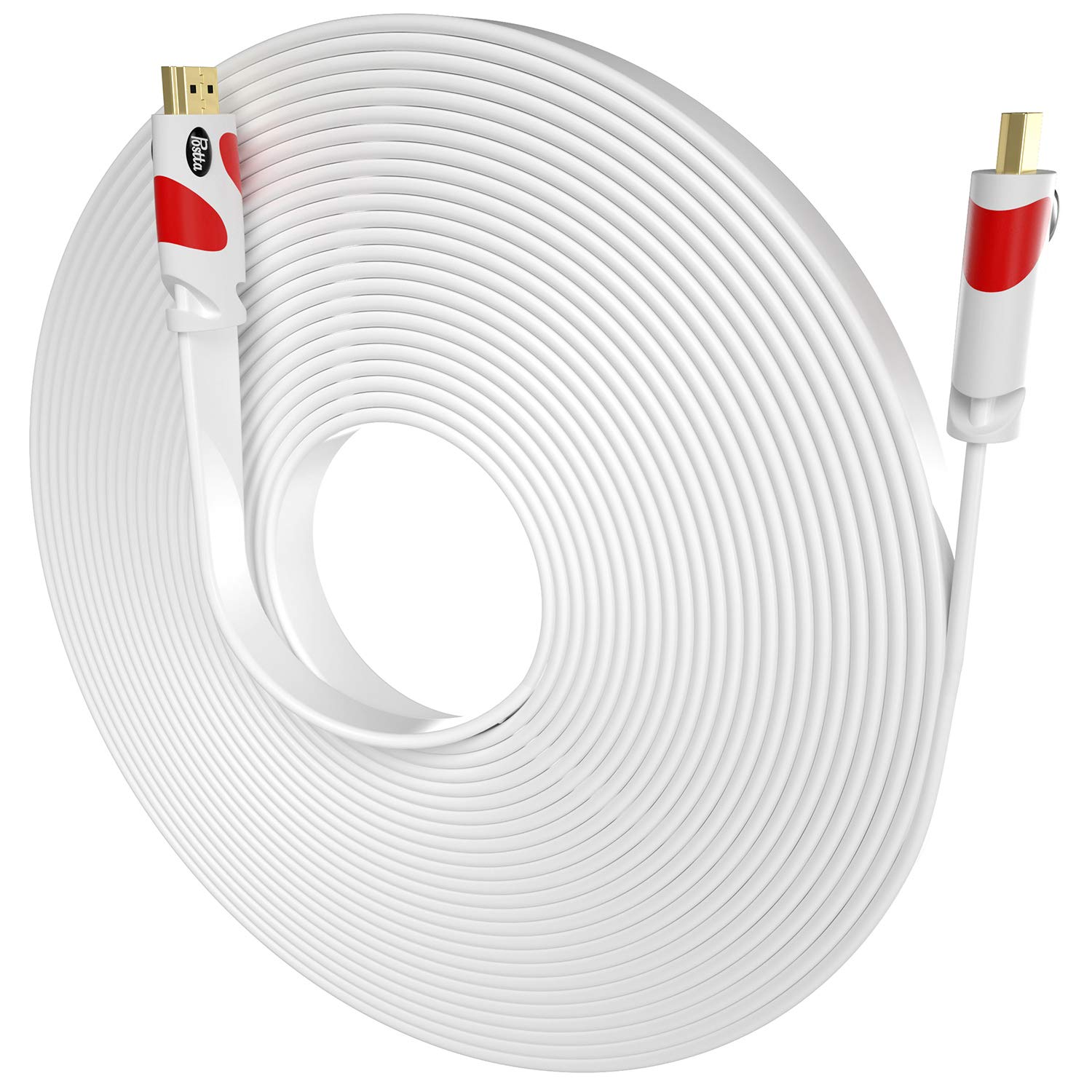 Photo 1 of Postta Flat HDMI Cable 50 Feet Flat HDMI 2.0 Cord Support 4K, 3D, 2160p, 1080p, Ethernet and Audio Return-White-Red