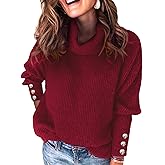 SunnyMelody Womens Turtleneck Dressy Sweater Fall 2025 Button Long Sleeve Pullover Sweaters - Cozy Ribbed Knit, Loose Fit