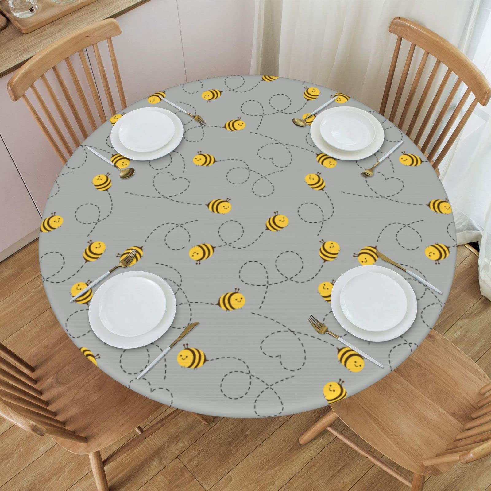 Photo 1 of WOAIDY Elastic Round Fitted Tablecloth, Fit Bee Design, Stretchable Polyester Fabric for Kitchen, Dining Party Decor, 45" - 50" Table Cover (Medium)