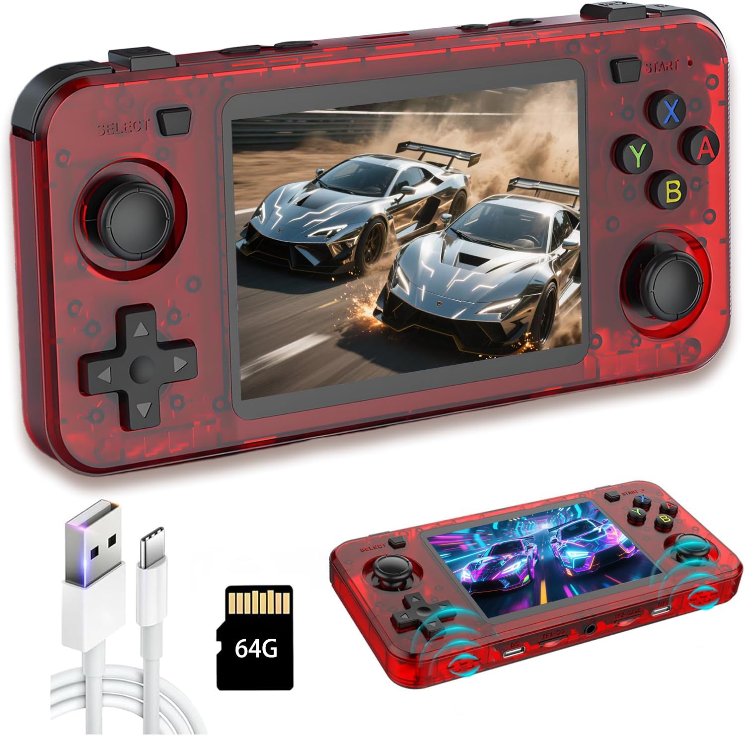 New R36H Retro Handheld Game Console, 3.5" IPS Screen Portable Video Game Console ,Built in 64G Card & 15000 Games,Open Source Linux System (Red,64g)