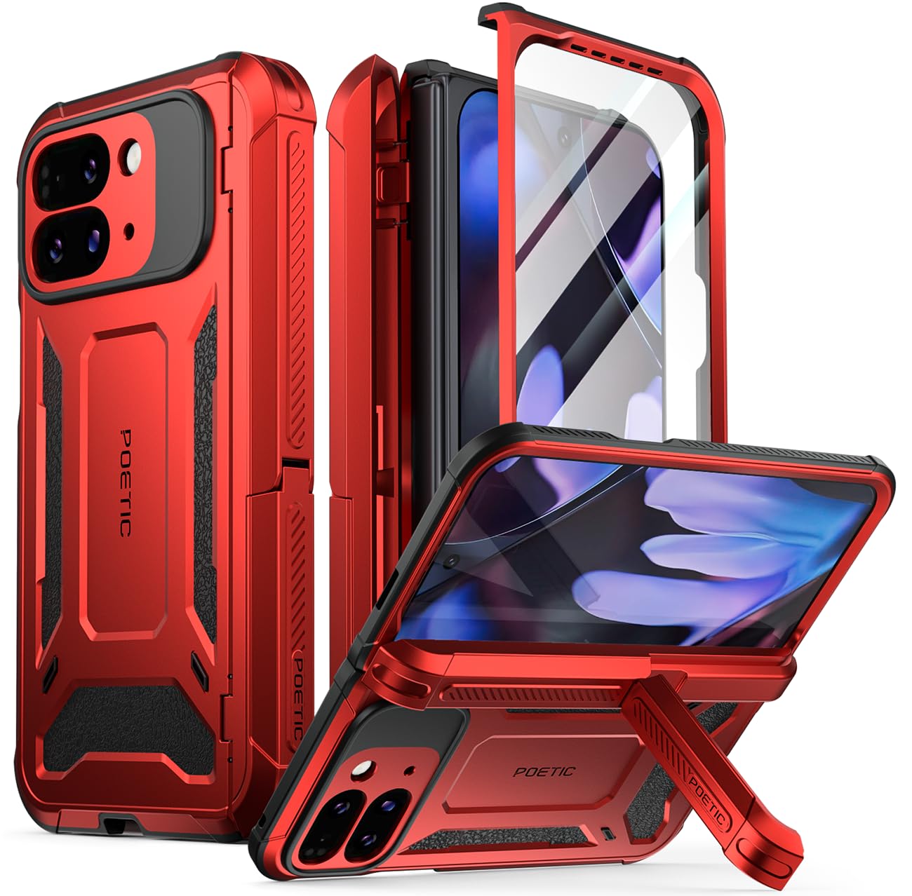 Poetic Spartan Case for Google Pixel 9 Pro Fold 5G, [Hinge Protection][Kickstand][Mil-Grade Protection] Full-Body Shockproof Protective Rugged Cover with Built-in Screen Protector, Metallic Red