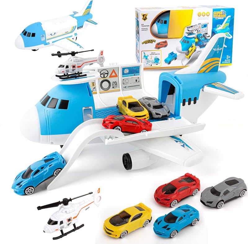 Shayson Transport Cargo Airplane Toy Play Set with 4 Cars and 1 Helicopter