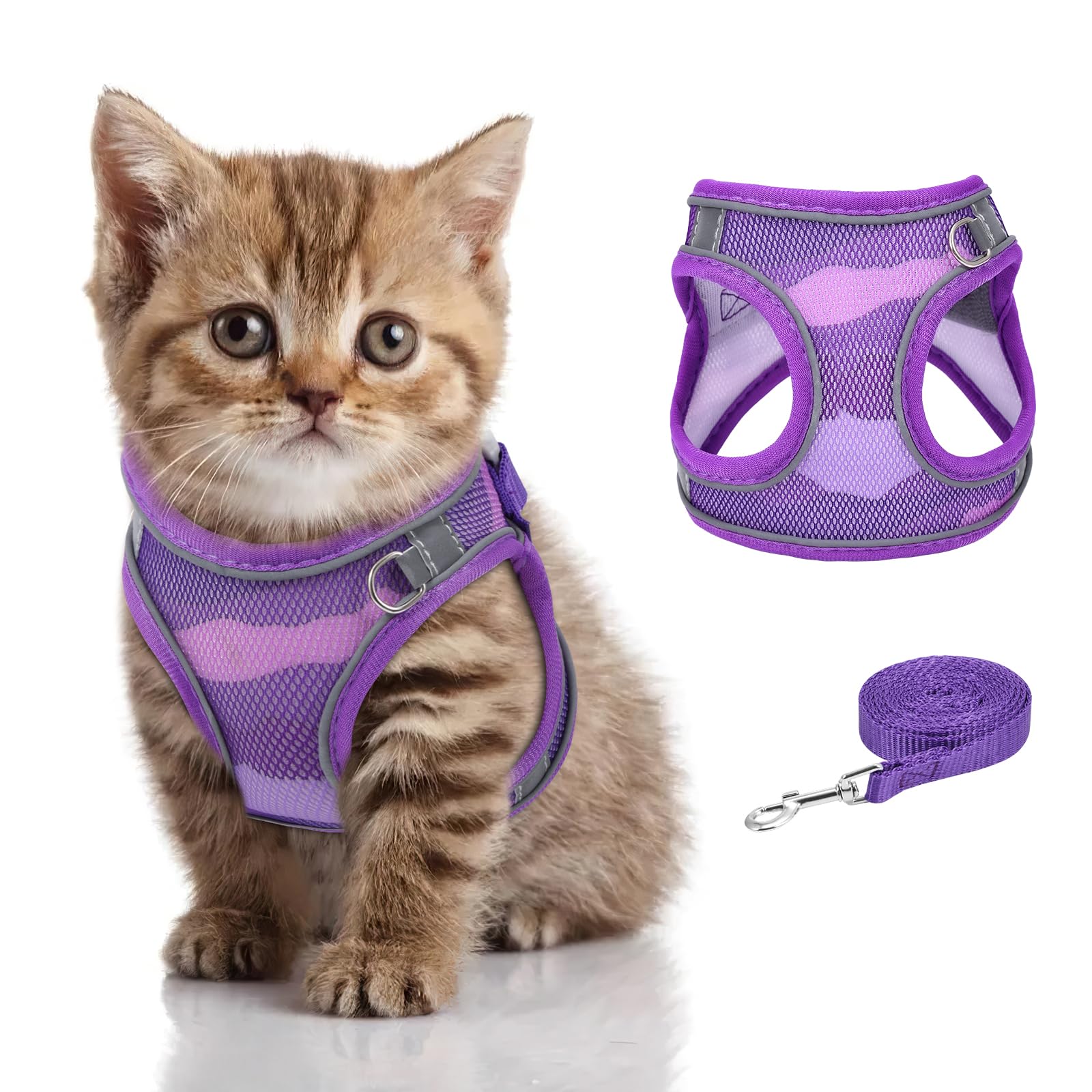 Brifit Cat Harness and Leash for Walking, Escape Proof Adjustable Kitten Vest Harness, Night Safe Reflective Vest Harness, Comfortable Soft Pet Harness for Small Dogs and Cats (XS Purple)