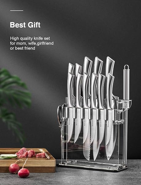 KNIFE SET, 14 PCS HIGH CARBON STAINLESS STEEL SUPER SHARP KITCHEN KNIFE SET FOR CHEF WITH ACRYLIC STAND, INCLUDE STEAK KNIVES, SHARPENER AND SCISSORS, ERGONOMICAL DESIGN BY KINCANO