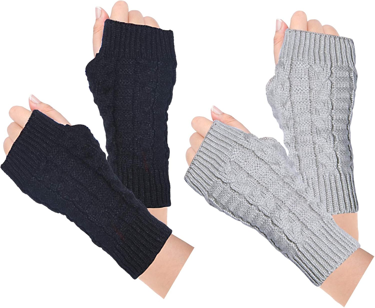 Loritta 2 Pairs Womens Fingerless Gloves Winter Warm Knit Crochet Thumbhole Arm Warmers