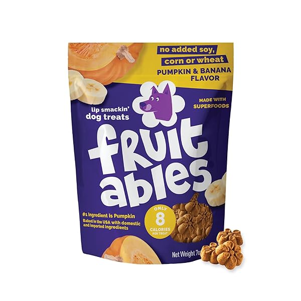 FRUITABLES BAKED DOG TREATS, HEALTHY PUMPKIN TREAT FOR DOGS, LOW CALORIE & DELICIOUS, NO WHEAT, CORN OR SOY, MADE IN THE USA, PUMPKIN AND BANANA FLAVOR, 7OZ