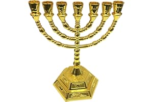 3 Arches USA 7 Branch Temple Menorah Gold Plated Home Decor - 12 Tribes of Israel Hexagonal Base Candle Holder, Stunning Workmanship in Metal Alloy. (Gold, 6" Inches)