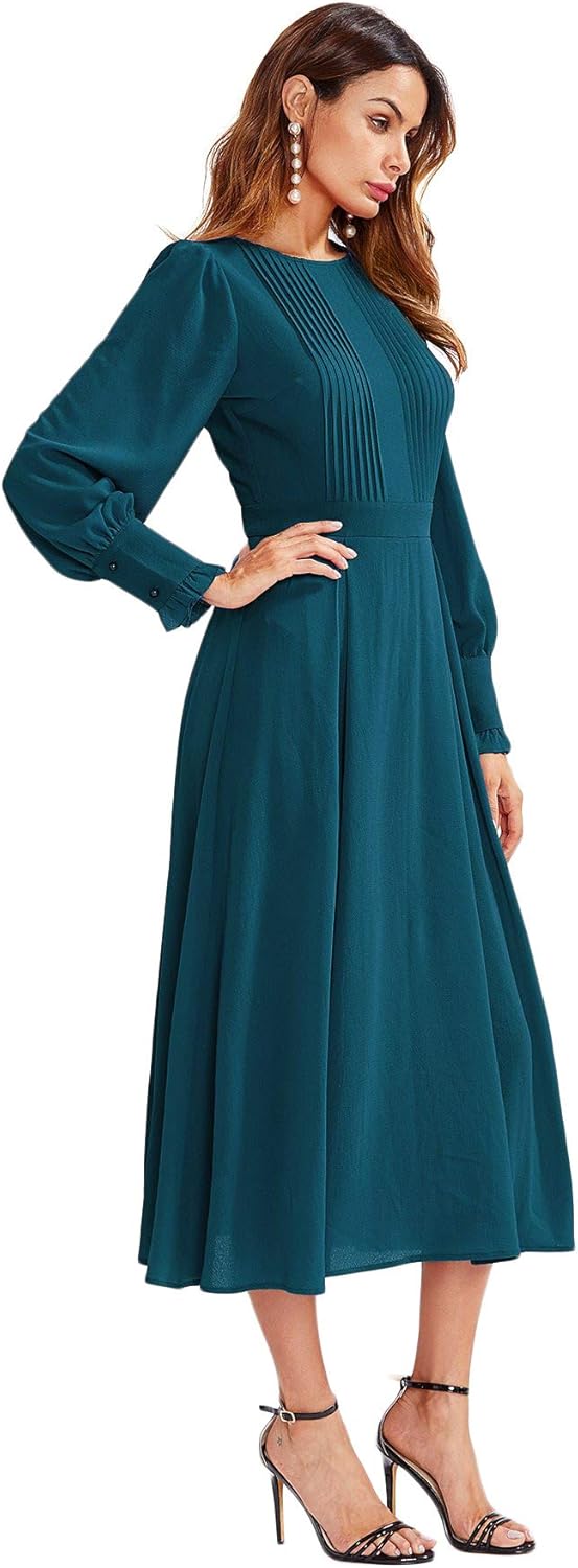 Milumia Women's Elegant Frilled Long Sleeve Pleated Fit and Flare Dress: Clothing