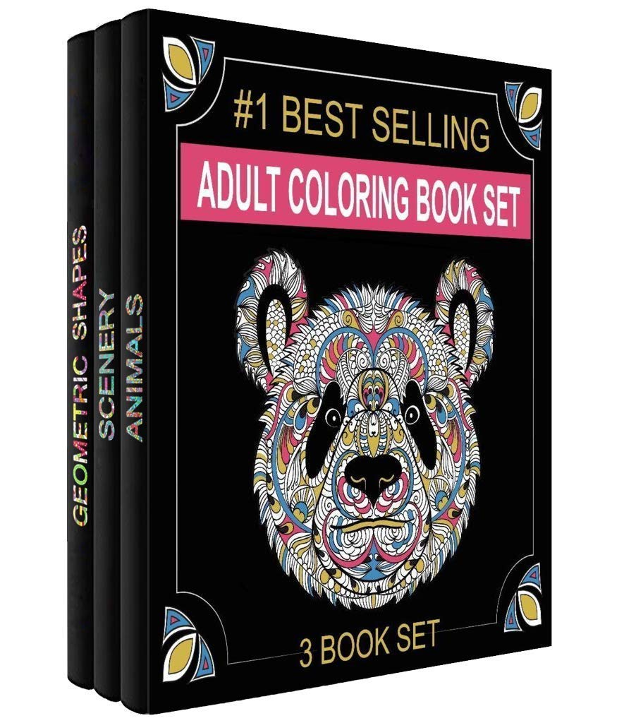 Adult Coloring Books Set - 3 Books for Grownups With 120 Unique Animals, Scenery & Mandalas Designs for Relaxation