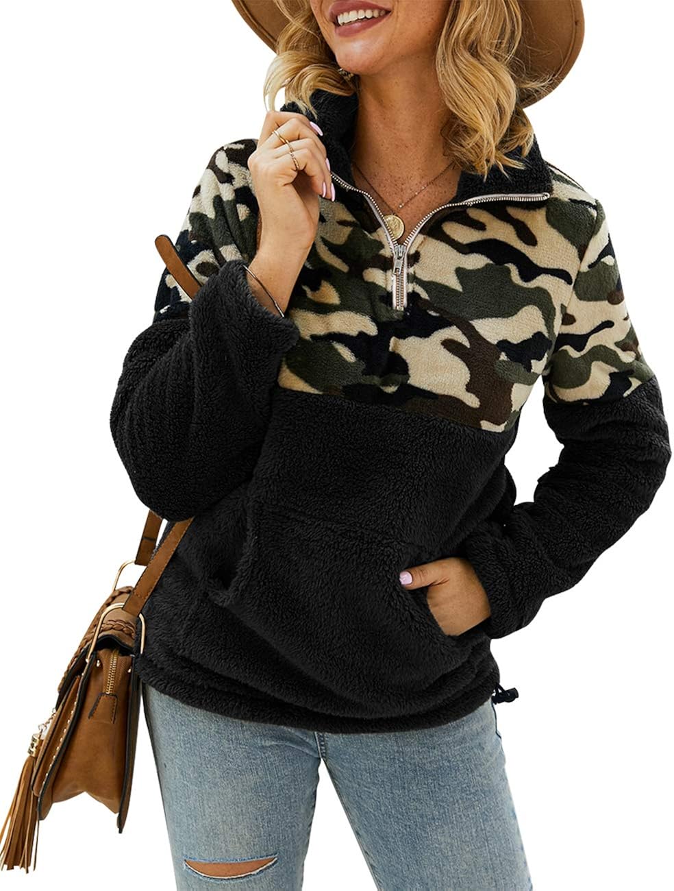 MEROKEETY Women's Long Sleeve Contrast Color Zipper Sherpa Pile Pullover Tops Fleece with Pocket at  Women’s Clothing store