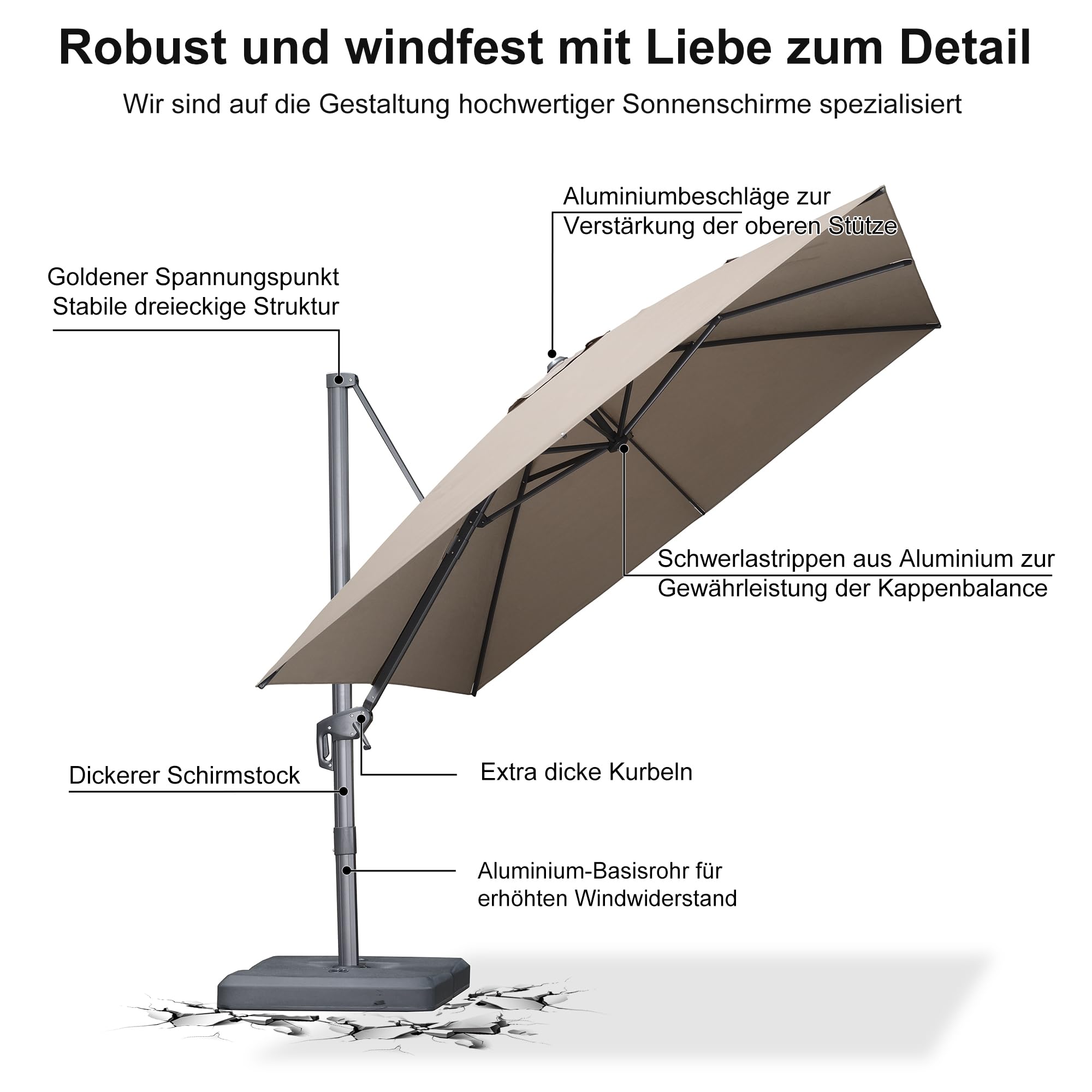 PURPLE LEAF Ampelschirm 300 x 300 cm Sonnenschirm aus Acrylimitat, Gartenschirm mit Kurbel, Gestell Aluminium, 360° Rotation, Wasserabweisend, UV50+, Asch Mokka 7