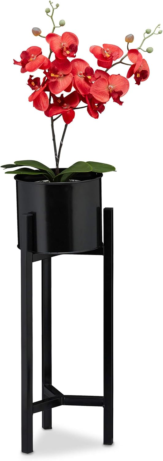 Relaxdays Blumentopf Ständer, Blumenständer inklusive Topf, modern, Pflanzenständer Metall, HxD: 60 x 21,5 cm, schwarz, 1 Stück