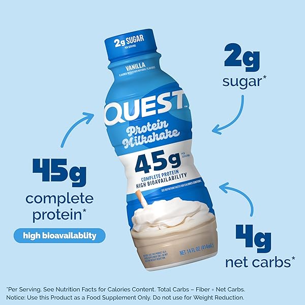 QUEST NUTRITION PROTEIN MILKSHAKE, VANILLA, 45G PROTEIN, 2G SUGAR, HIGH PROTEIN, LOW SUGAR, GLUTEN FREE, 1 COUNT