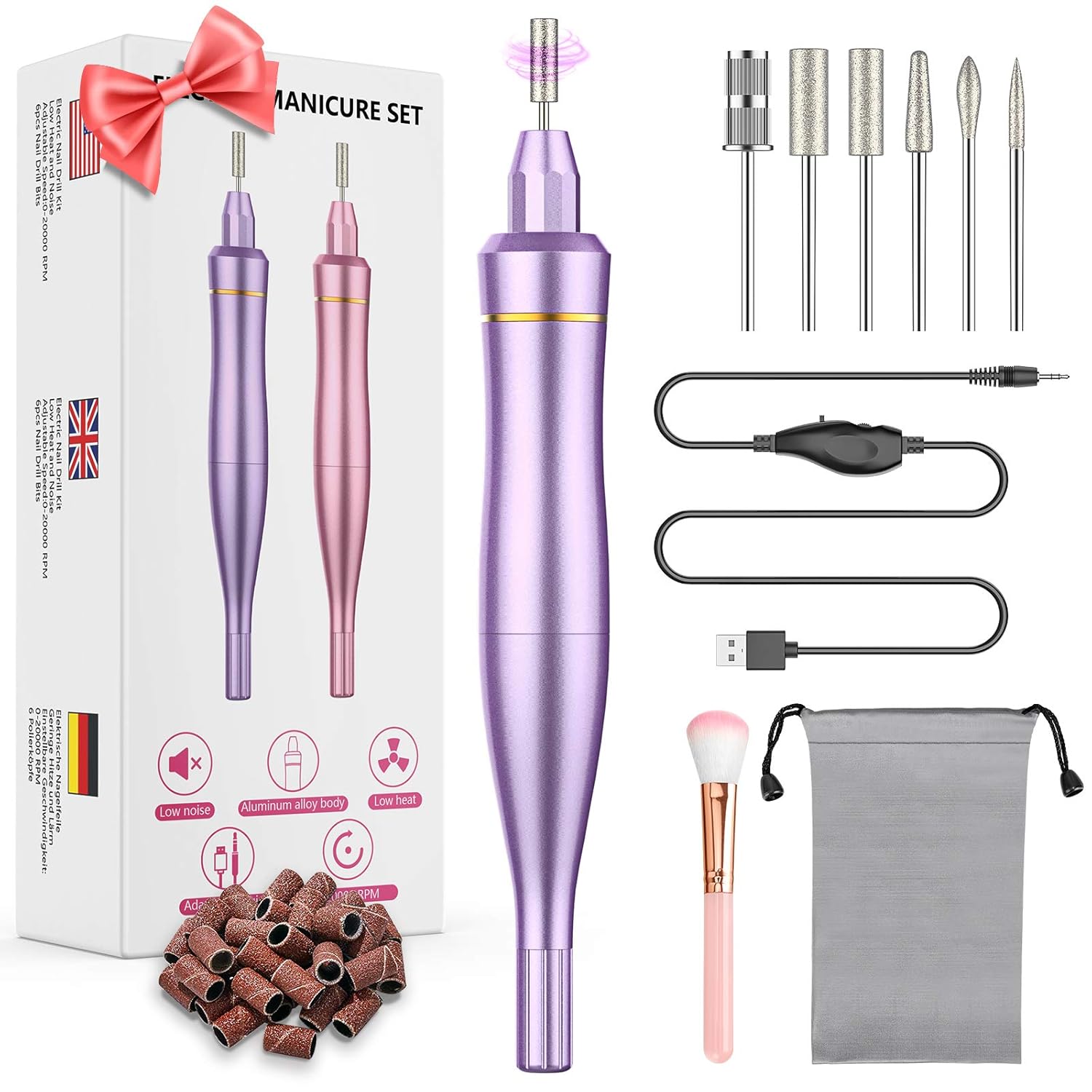 Elektrische Nagelfräser, Romanda Elektrische Nagelfeile Maniküreset, 20000u/Min Einstellbarer Geschwindigkeit 11 In 1 USB Zuhause Maniküre Set,für Acrylnägel, Gelnägel, Kallus Entfernen(Violet)