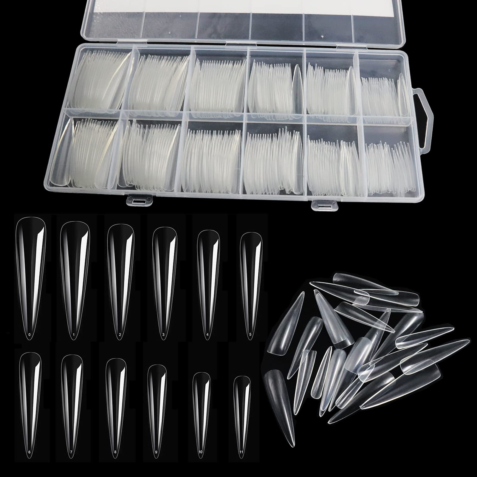LELE LIFE 240 PCS 12 Size 3XL Stiletto Full Cover Nail Tips, Extra Long Clear Nail Tips for Acrylic Nails Professional, No C Curve Fake Nail Tips with Box for DIY Salon, Style B