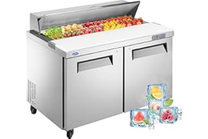 kalifon 48" W 2 Door Refrigerator Sandwich Salad Prep Table Commercial Stainless Steel Fan Cooling Refrigerator with Cutting Board, 2 Shelves & 18 Pans for Restaurant, Bar, Shop-12.9 Cu.ft