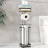 THKVESN Toilet Paper Holder Free Standing,Toilet Paper Stand with Shelf for 4 Rolls,Rustproof Toilet Paper Holder for Phones,Tissues,Wipes and Bathroom Toilet Paper Storage, Black