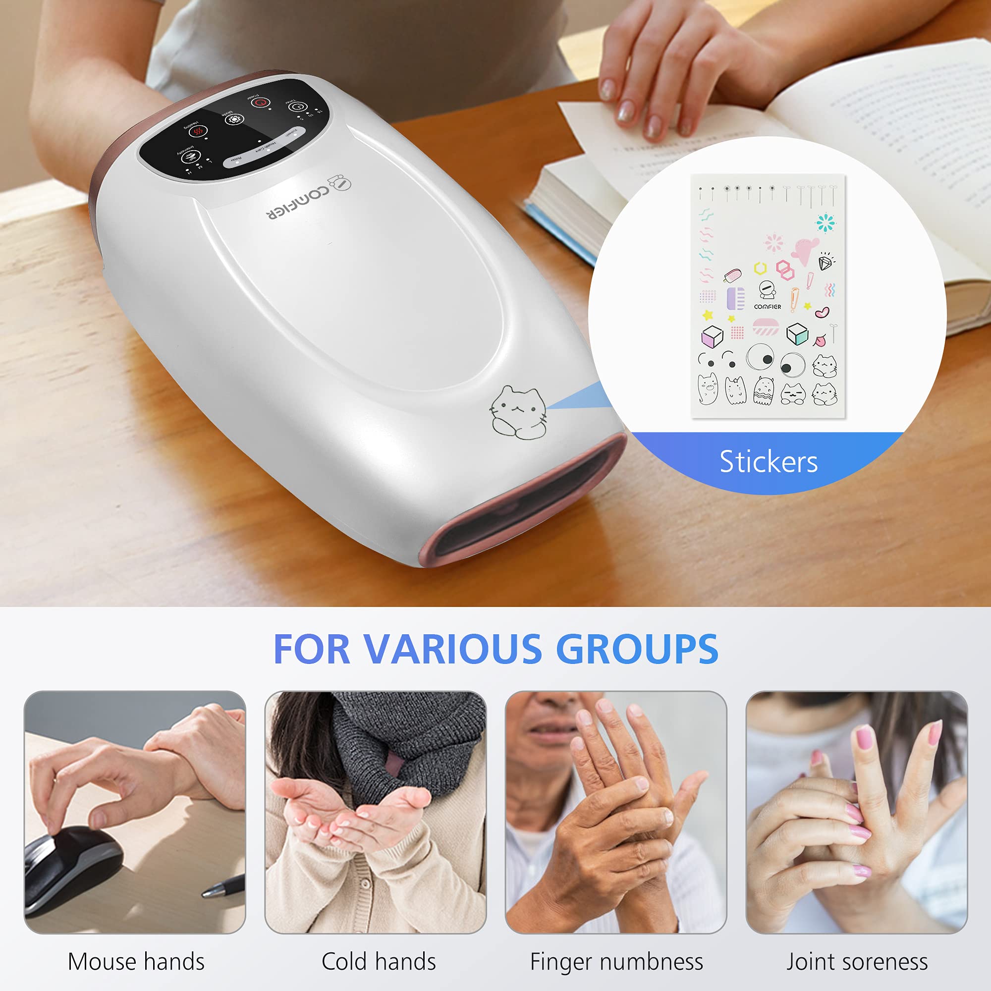COMFIER Hand Massager with Heat, Cordless Hand Massage Tool with Compression & Heating,3 Modes & 3 Levels Pressure Point Hand Massager for Arthritis and Carpal Tunnel from Finger to Wrist