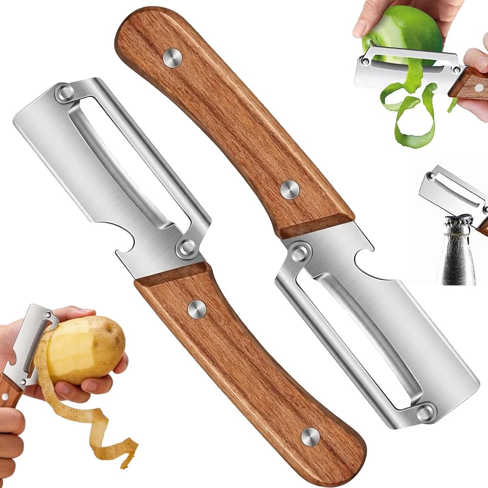 Multi-Functional Vegetable Peeler for Kitchen,Vegetable Peeler Wooden Handle,2-in-1 Stainless Steel Fruit &amp; Vegetable Peelers