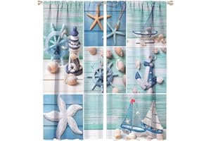 ZHANGWUQIANG123 Nautical Blackout Windows Curtains, Lighthouse Anchor Rudder Theme Starfish Shell Conch Pattern Rod Pocket Curtains, for Living Room Bedroom 31.5(W)*72(L) 2 Panels